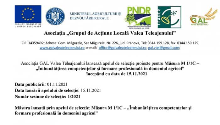 Asociația GAL Valea Teleajenului lansează apelul de selecție proiecte pentru Măsura M 1/1C – „Îmbunătățirea competențelor și formare profesională în domeniul agricol” începând cu data de 15.11.2021